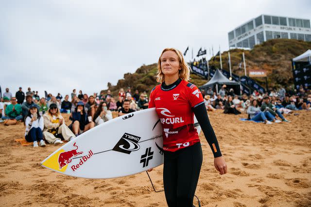 <p>World Surf League/Aaron Hughes</p> Caitlin Simmers prior to surfing her heat at the Quarterfinals at the Rip Curl Pro Bells Beach, Australia in March 2024.