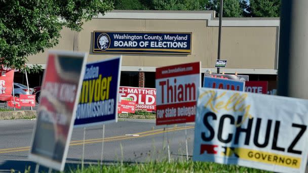 PHOTO: Campaign signs stand along the entrance to the polling place at the Washington County Board of Elections in Hagerstown Md., July 19, 2022. (Herald-Mail via USA Today Network, FILE)