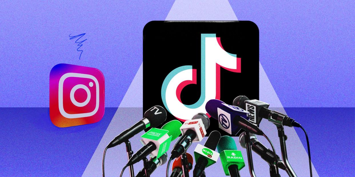 tiktok logo in the spotlight with press microphones and the instagram logo in the shadowy background