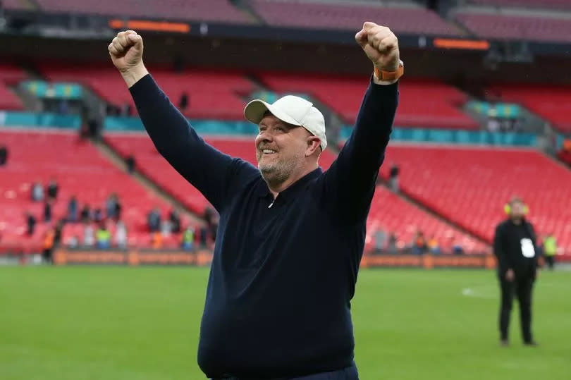 Andy Woodman Manager of Bromley celebration after winning the Vanarama National League Play-Off Final between Bromley and Solihull Moors and being promoted to Sky Bet League 2 at Wembley Stadium on May 5, 2024 in