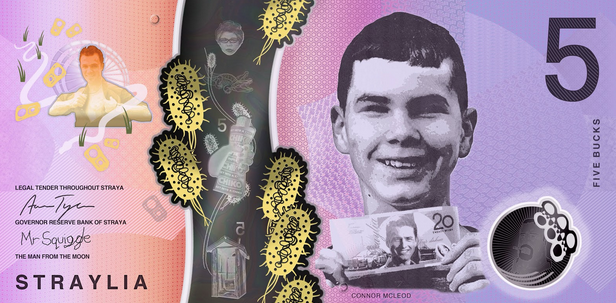 Melbourne artist Aaron Tyler made a new 'fiver' with Connor as the figurehead to celebrate his achievement. Photo: Aaron Tyler.