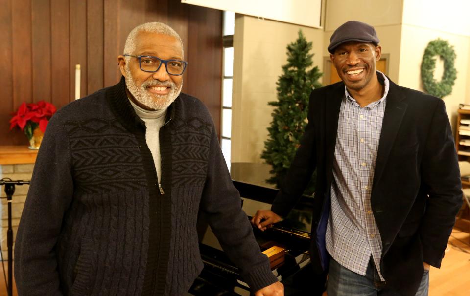 South Bend Symphony Orchestra board member Marvin Curtis, left, and the Rev. Theo Williams stand in Williams' church, Covenant Community Church in South Bend, on Thursday, Jan. 5, 2023. The SBSO will present a series of concerts Jan. 10-12 at local churches with SBSO ensembles and church choirs to honor the Rev. Martin Luther King Jr. and his "I Have a Dream" speech.