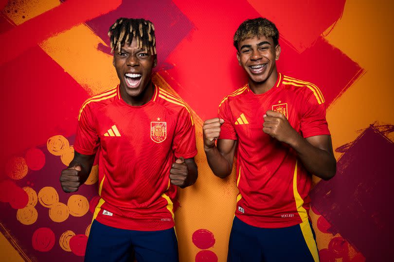 Nico Williams and Lamine Yamal of Spain pose for a portrait during the Spain Portrait session ahead of the UEFA EURO 2024 Germany on June 10, 2024 in Donaueschingen, Germany.