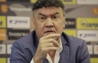 FILE - The president of Bulgaria's Football Union Borislav Mihaylov speaks during press conference in Sofia, Bulgaria, on Oct. 18, 2019. Bulgaria’s chief prosecutor on Friday, Nov. 17, 2023, launched an investigation into the country’s Football Union’s management which aims to scrutinize the actions of its president, Borislav Mihaylov. The move follows the mass protests that gripped Bulgaria’s capital on Thursday night as several thousand soccer fans took to the streets to demand the resignation of Mihaylov. (AP Photo/Valentina Petrova)