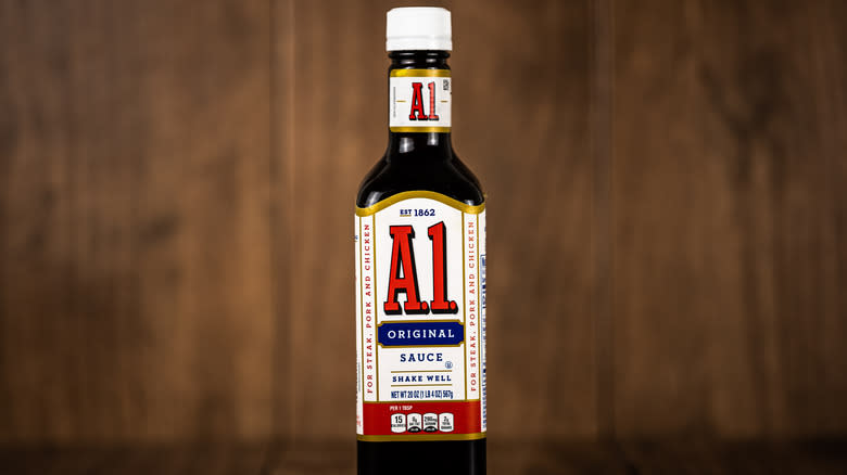 A1 sauce on a wood background