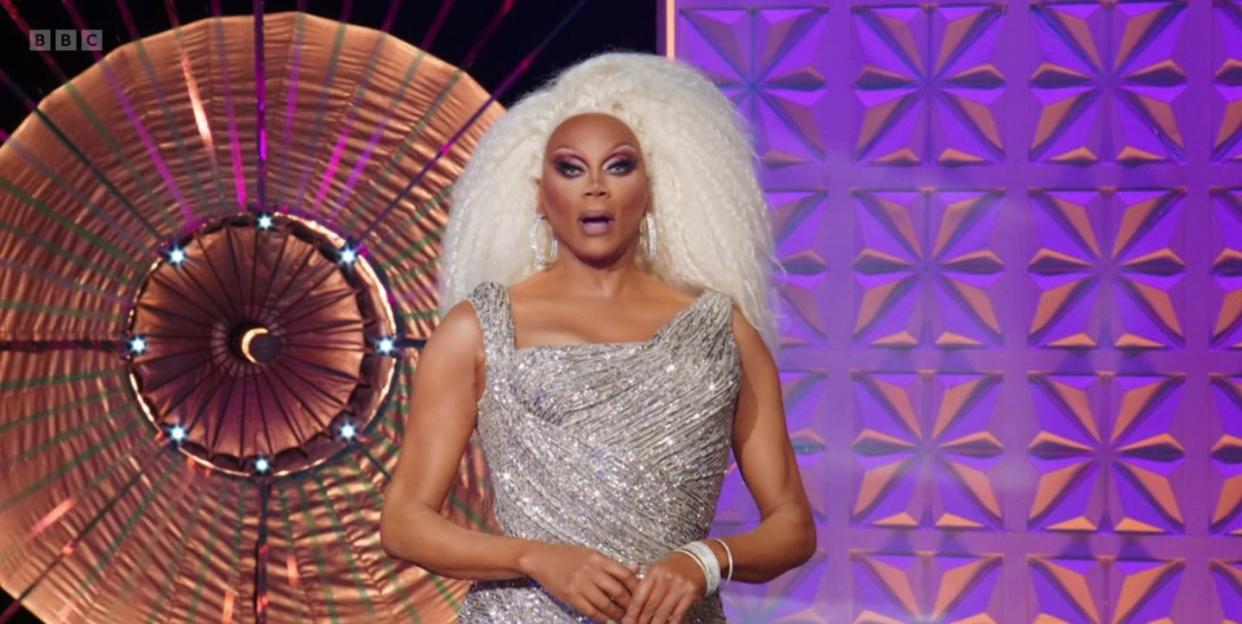 rupaul's drag race uk series 5 episode 3, ru in a silver dress and big off white wig