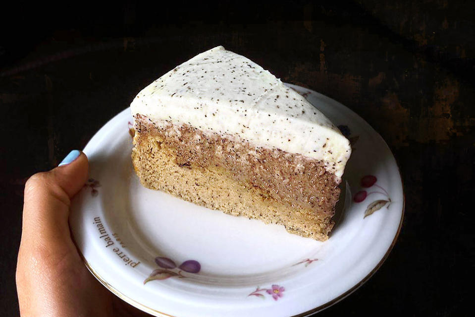 A slice of triple-layer Earl Grey tea cake.