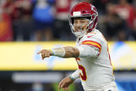 Kansas City Chiefs quarterback Patrick Mahomes reacts during the first half of an NFL football game against the Los Angeles Chargers, Thursday, Dec. 16, 2021, in Inglewood, Calif. (AP Photo/Marcio Jose Sanchez)