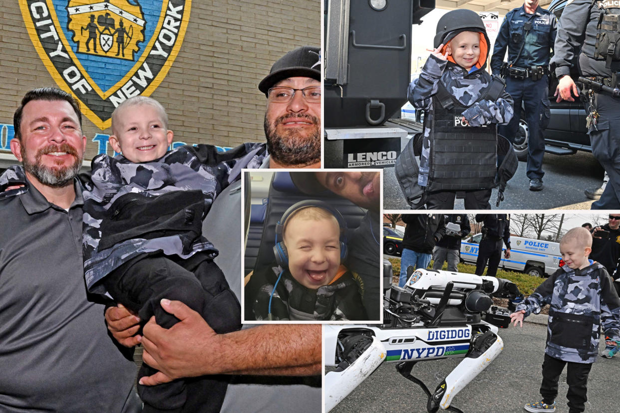 Julian Galloway, a boy with a shaved head, receives an NYPD badge from a uniformed officer. Another man, likely a family member, stands by his side.