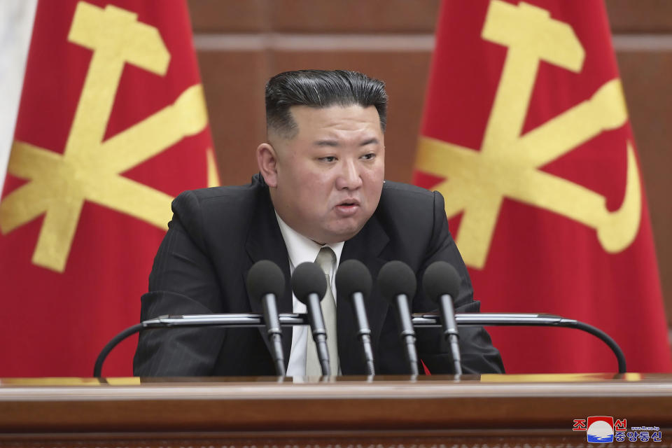 In this photo provided by the North Korean government, North Korean leader Kim Jong Un speaks during a plenary meeting of the Workers’ Party of Korea at the party headquarters in Pyongyang, North Korea Tuesday, Dec. 27, 2022. Independent journalists were not given access to cover the event depicted in this image distributed by the North Korean government. The content of this image is as provided and cannot be independently verified. Korean language watermark on image as provided by source reads: "KCNA" which is the abbreviation for Korean Central News Agency. (Korean Central News Agency/Korea News Service via AP)