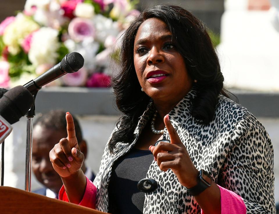 U.S. Rep. Terri Sewell speaks during the groundbreaking ceremony for the restoration project at Brown Chapel AME Church in Selma, Ala., on Wednesday June 23, 2021.