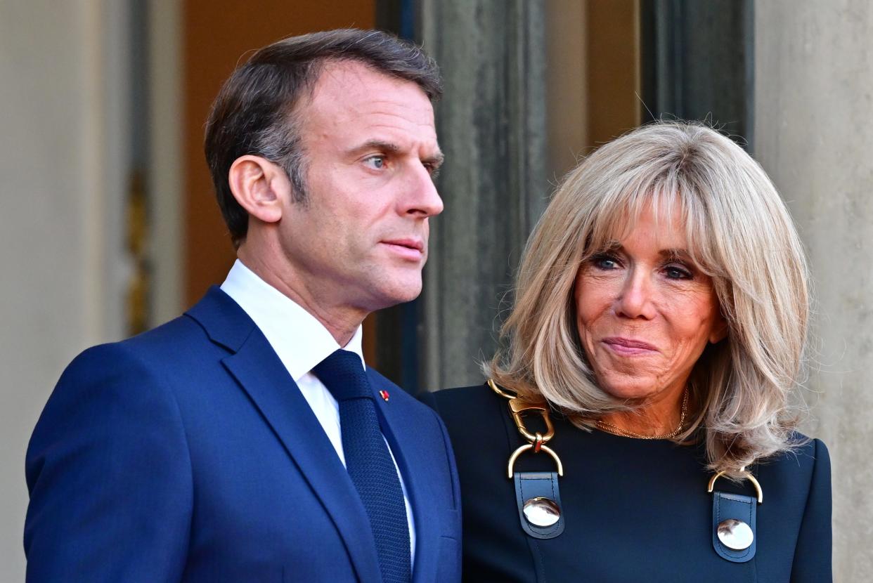 President Emmanuel Macron and Brigitte Macron welcome King Charles III And Queen Camilla at the Élysée Palace on September 21, 2023 in Paris, France.