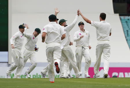 Australian team mates celebrate with bowler Josh Hazlewood (R) after West Indies batsman Shai Hope was caught behind by wicket keeper Peter Nevill (not pictured) during their third cricket test at the SCG in Sydney, January 3, 2016. REUTERS/Jason Reed