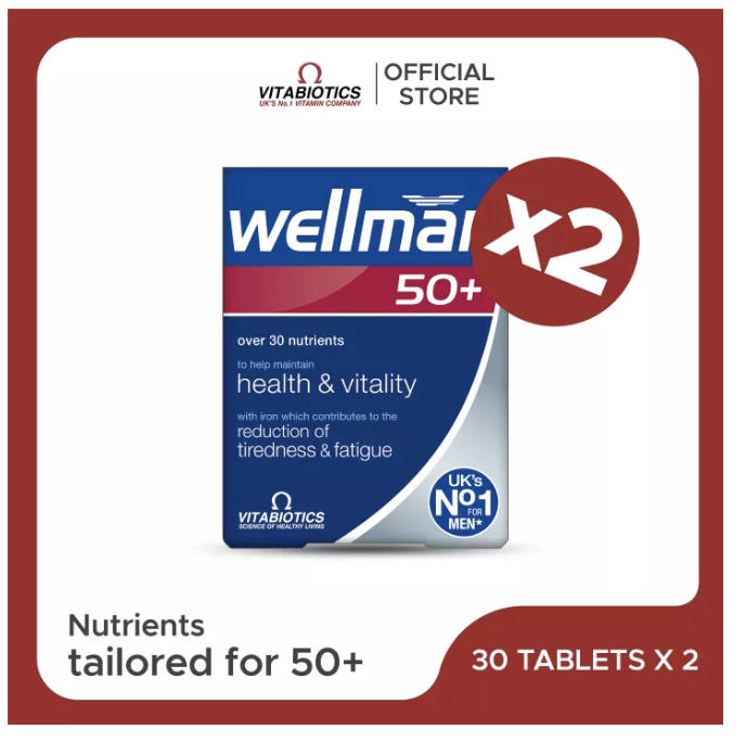 A product image of Vitabiotics Wellman 50+ box.