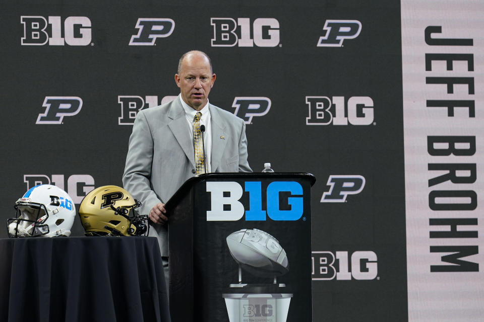 Purdue head coach Jeff Brohm talks to reporters during an NCAA college football news conference at the Big Ten Conference media days, at Lucas Oil Stadium in Indianapolis, Friday, July 23, 2021. (AP Photo/Michael Conroy)