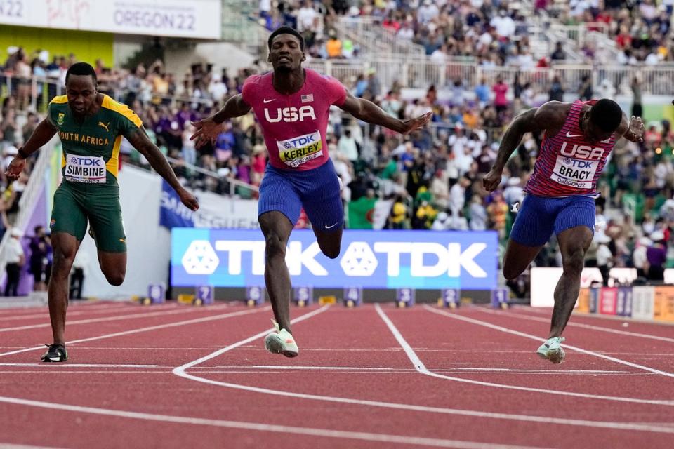 Fred Kerley was crowned 100m world champion as the USA secured a clean sweep in Eugene, Oregon (Ashley Landis/AP) (AP)