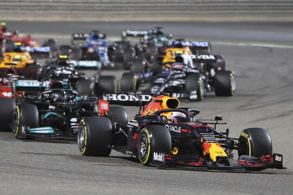 Red Bull driver Max Verstappen of the Netherlands leads at the start of the Bahrain Formula One Grand Prix at the Bahrain International Circuit in Sakhir, Bahrain, Sunday, March 28, 2021. (AP Photo/Kamran Jebreili)