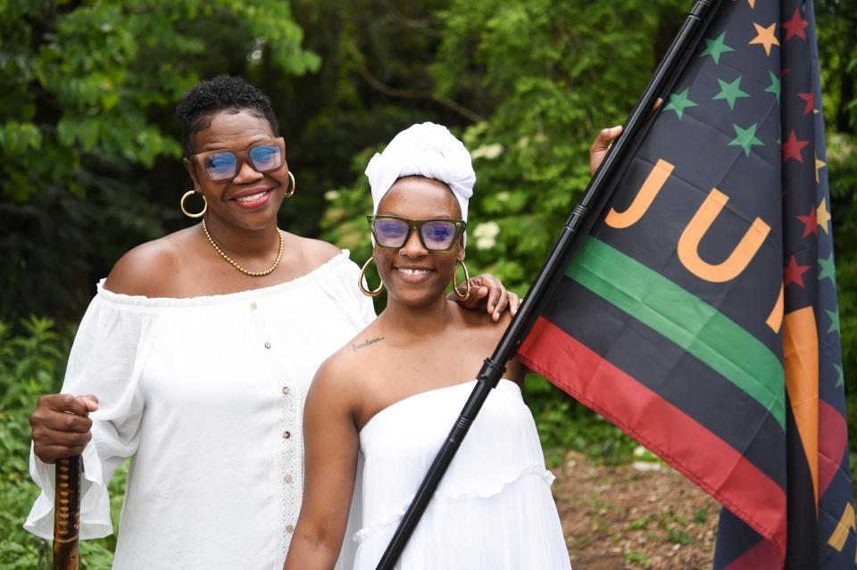 From left Tiara-Lady Wilson and Femeika Elliott, founders of Rooted East Knox, pose for a photo at the Knoxville Botanical Gardens, Monday, June 12, 2023. Rooted East Knox is hosting a Juneteenth celebration at the gardens on Sunday, June 18.