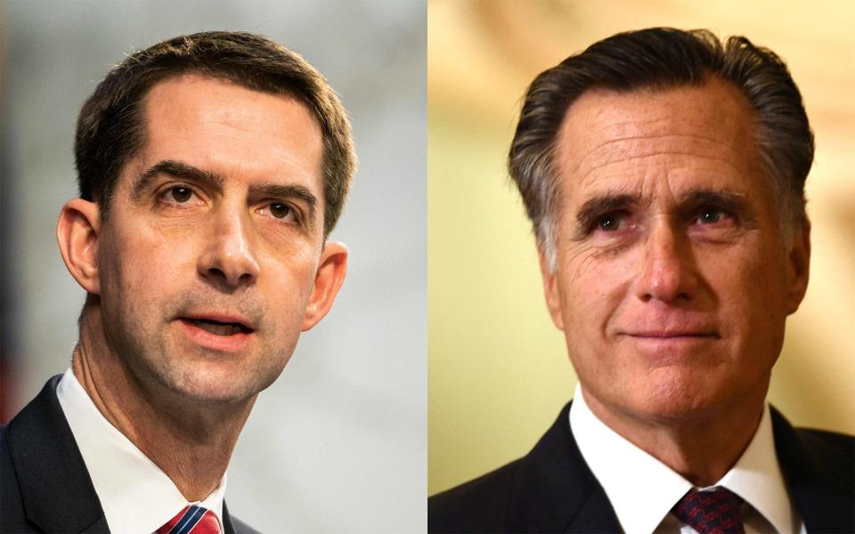 Senator Tom Cotton (R-AR), left, Senator Mitt Romney (R-UT)