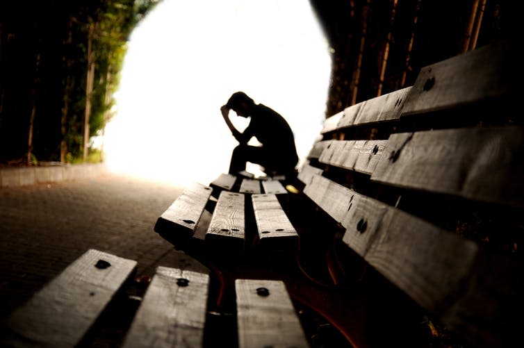 <span class="caption">Negative words and first person pronouns can give a clue.</span> <span class="attribution"><a class="link " href="https://www.shutterstock.com/image-photo/depression-teen-pain-suffering-tunnel-113875279?src=UDRktqvnAsR6LGYjUv--lA-1-12" rel="nofollow noopener" target="_blank" data-ylk="slk:hikrcn/Shutterstock;elm:context_link;itc:0;sec:content-canvas">hikrcn/Shutterstock</a></span>