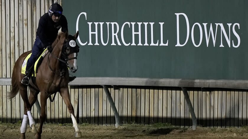 Kentucky Derby entrant Two Phils works out at at Churchill Downs Thursday, May 4, 2023, in Louisville, Ky. The 149th running of the Kentucky Derby is scheduled for Saturday, May 6. (AP Photo/Charlie Riedel)