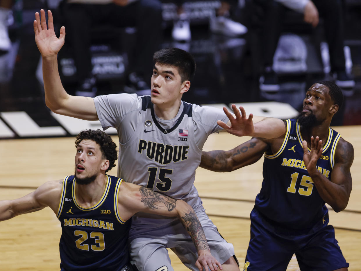WEST LAFAYETTE, IN - JANUARY 22: Zach Edey #15 of the Purdue Boilermakers is seen during the game against the Michigan Wolverines at Mackey Arena on January 22, 2021 in West Lafayette, Indiana. (Photo by Michael Hickey/Getty Images)