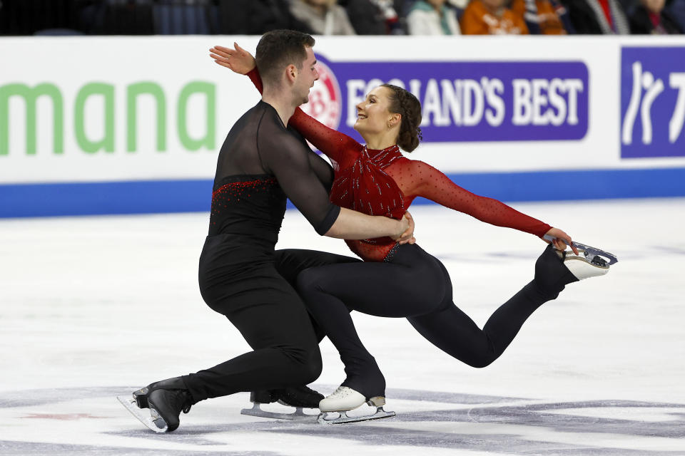 Annika Hocke, right, and Robert Kunkel, of Germany, compete in the pairs free skate program during the Skate America figure skating event in Allen, Texas, Saturday, Oct. 21, 2023. (AP Photo/Roger Steinman)