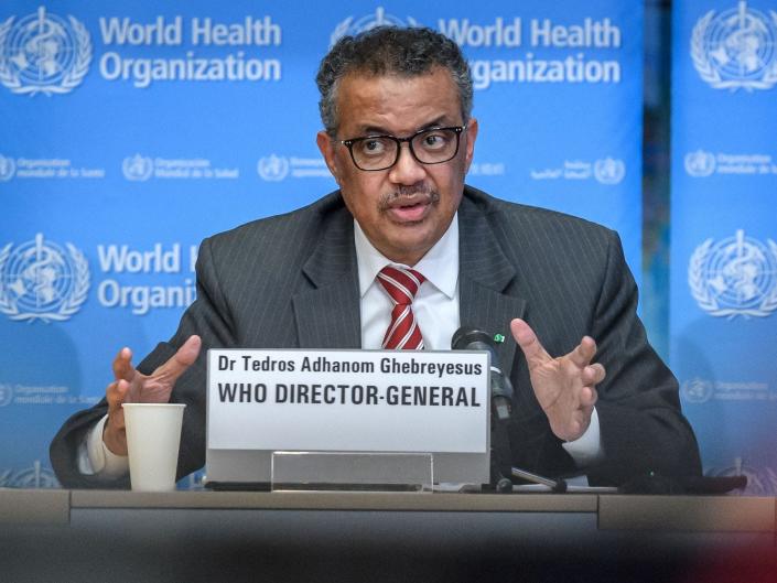 World Health Organization (WHO) Director-General Tedros Adhanom Ghebreyesus attends a daily press briefing on COVID-19 at the WHO headquaters on March 11, 2020 in Geneva.