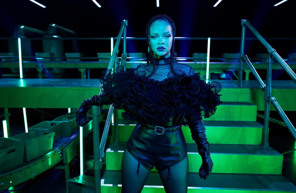 Rihanna serves as a model for her lingerie label's latest fashion show, available for viewing Friday on Amazon Prime Video.