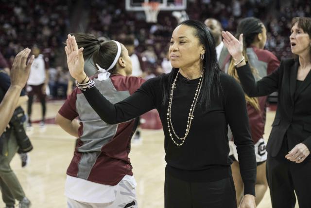 South Carolina head coach Dawn Staley reacts to a play during the first  half of an NCAA college basketball game against Missouri Sunday, Jan. 15,  2023, in Columbia, S.C. South Carolina won