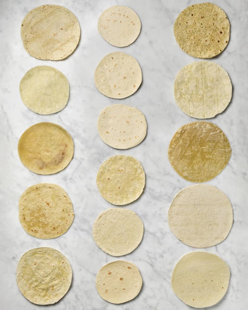 overhead shot of all the types of tortillas outside of the packaging