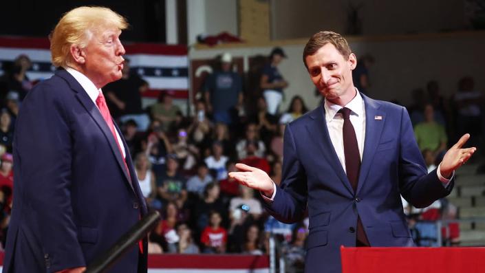 Former President Trump stands with Republican Senate candidate Blake Masters at a "Save America’"rally in support of Arizona GOP candidates July 22, 2022, in Prescott Valley, Ariz. <span class="copyright">Mario Tama/Getty Images</span>