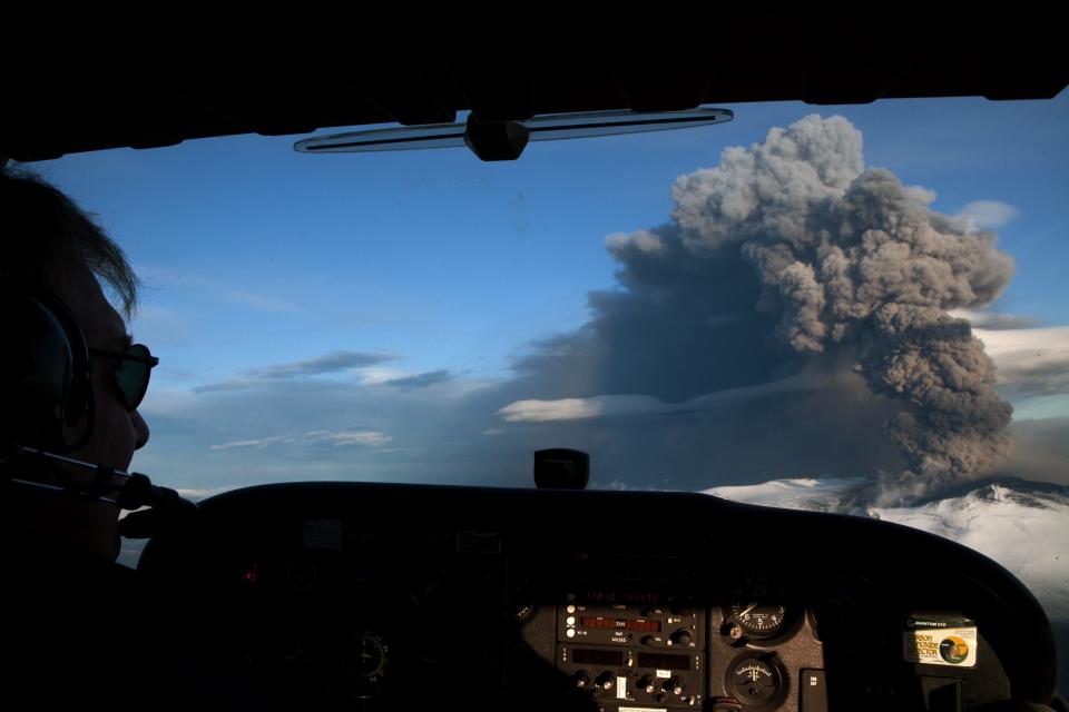 Ash plume from Iceland's Eyjafjallajokull crater during it's eruption, spewing tephra and ashes that drift toward continental Europe, Seen from a Cesna aircraft on May 15, 2010 near Reykjavik, Iceland