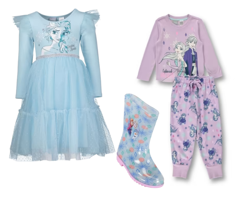 A Frozen-themed pale blue long sleeve tulle dress on a white background, a pale blue and violet gumboot in the centre and pale violet Frozen-themed pyjamas on the right.