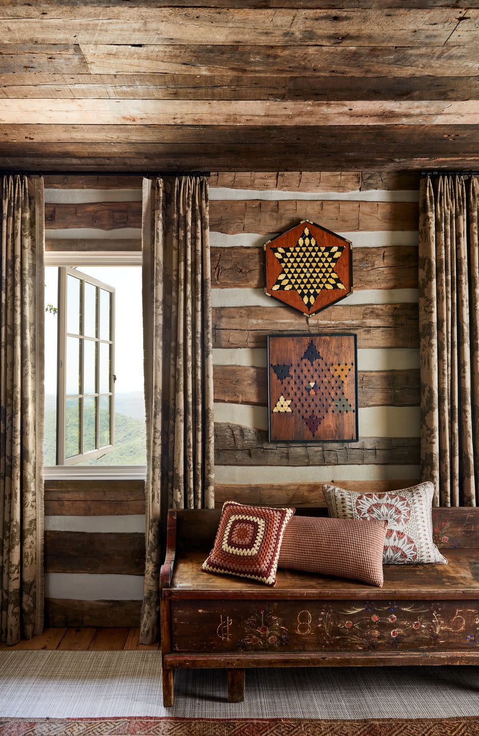 cabin wall with vintage game boards on the wall
