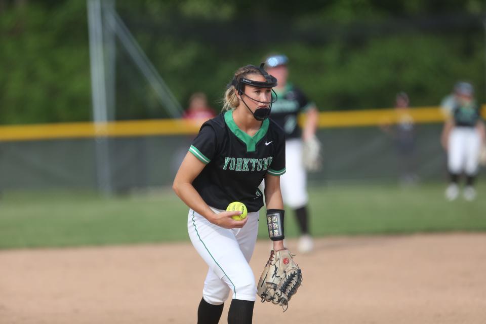 Yorktown softball's Alanah Jones pitched five scorelesss innings in their regional championship game against Bellmont at Yorktown Sports Park on Tuesday, May 31, 2022.