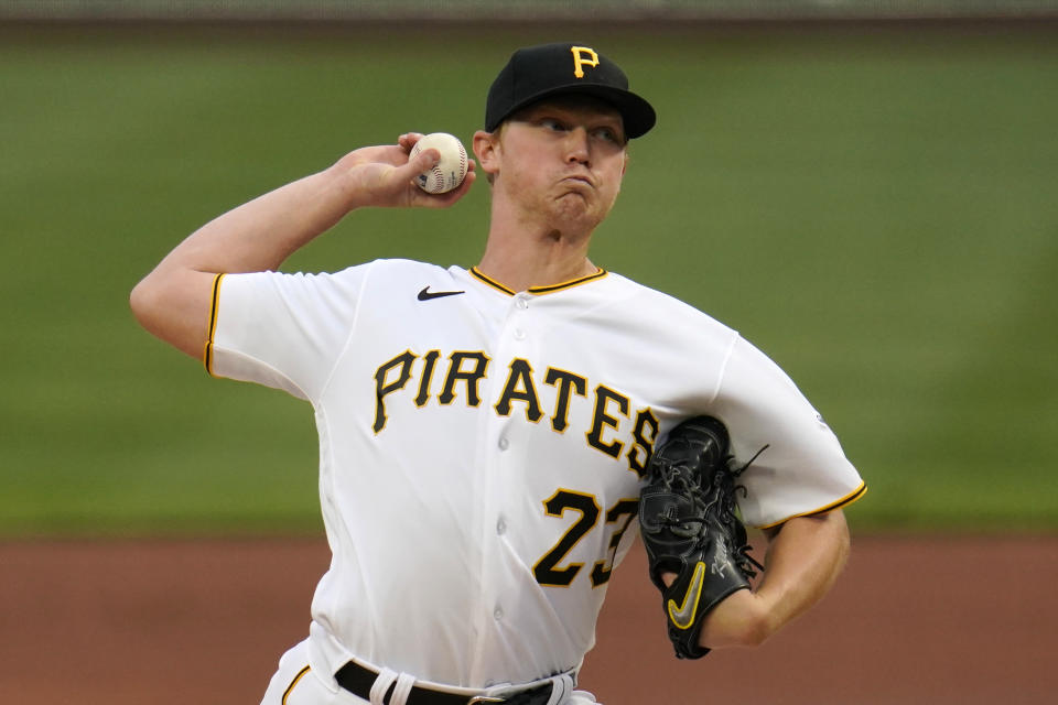 Pittsburgh Pirates starting pitcher Mitch Keller delivers during the first inning of the team's baseball game against the Chicago Cubs in Pittsburgh, Saturday, April 10, 2021. (AP Photo/Gene J. Puskar)