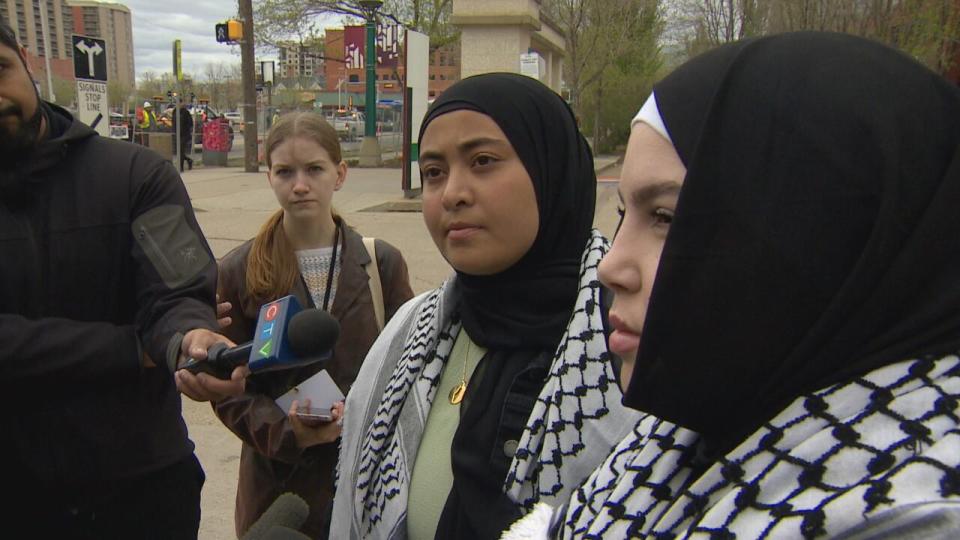 Nour Salhi, centre, is a university student who has acted as a spokesperson for the pro-Palestinian encampment that erected at the University of Alberta on May 9, 2024.