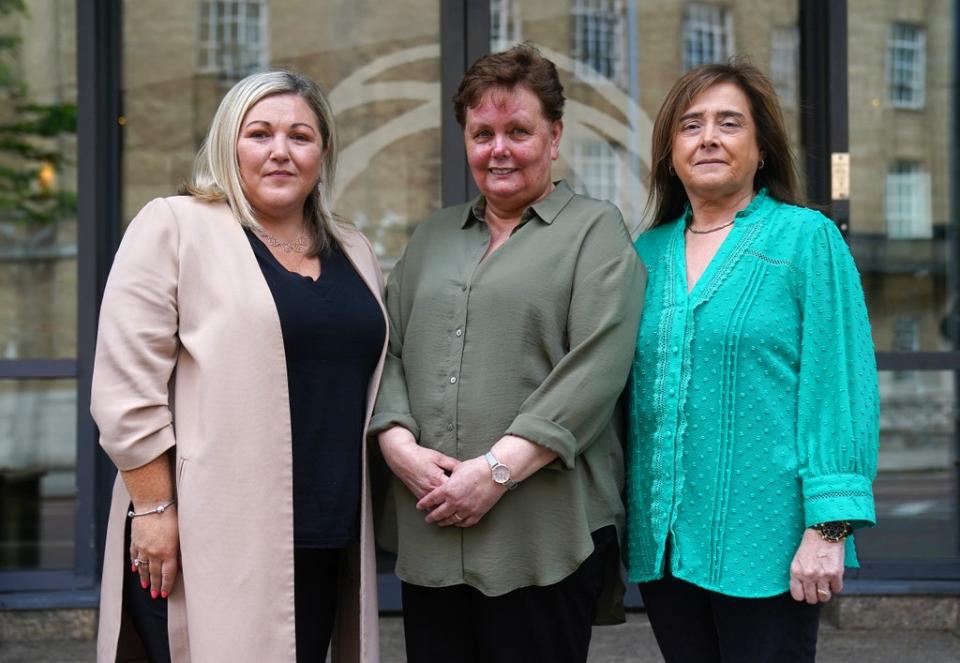 Former Post Office workers, from left, Fiona Elliott, Heather Earley and Deirdre Connolly, arrive at the Clayton Hotel in Belfast for the Post Office Horizon IT inquiry (Brian Lawless/PA) (PA Wire)