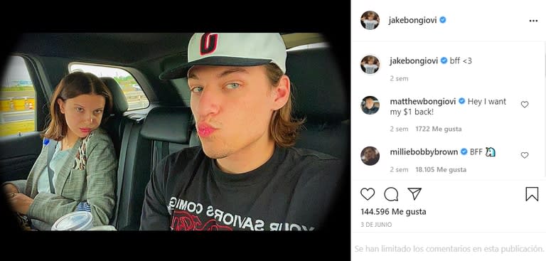 La foto de Jake Bongiovi en la que se la puede ver junto a Millie Bobby Brown en su auto (Instagram: @jakebongiovi/)