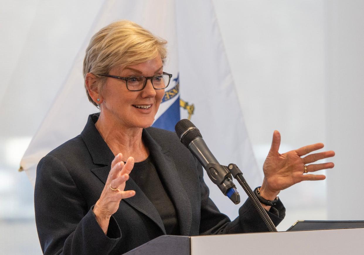 U.S. Secretary of Energy Jennifer Granholm speaks during an event in Devens, Massachussetts, earlier this year. Granholm and Douglas Emhoff, huband of Vice President Kamala Harris, will be in Oklahoma on Friday as part of the Biden Administration's Investing in America tour.