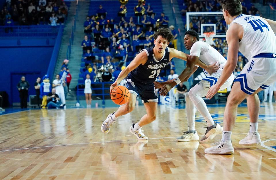 Monmouth guard Xander Rice drives against Delaware on Feb. 3, 2024 in Newark, Del.