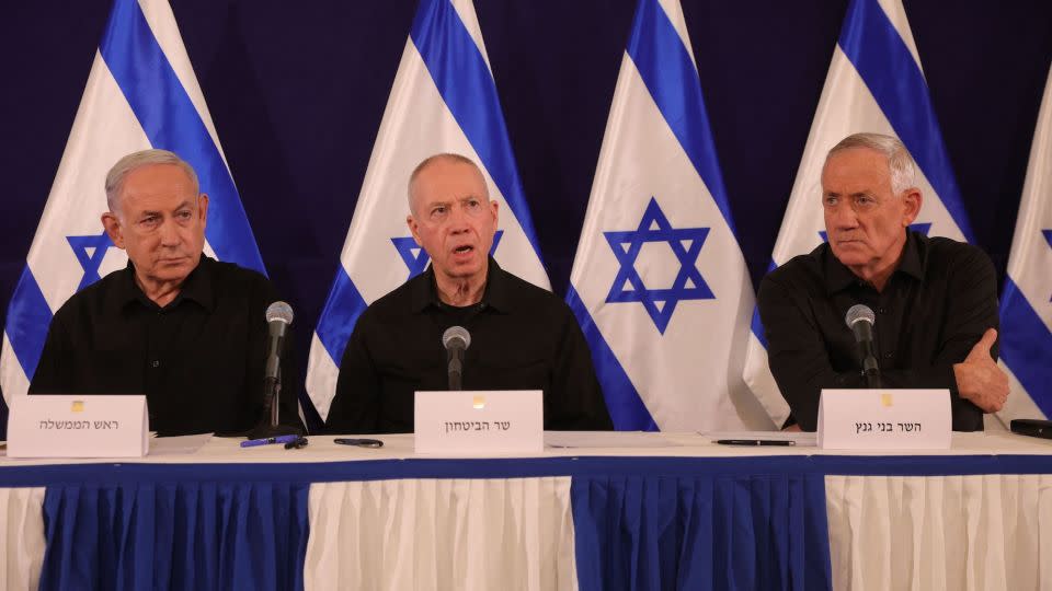 Netanyahu, left, holds a press conference in the Kirya military base in Tel Aviv, Israel. - Abir Sultan/Pool/AFP/Getty Images