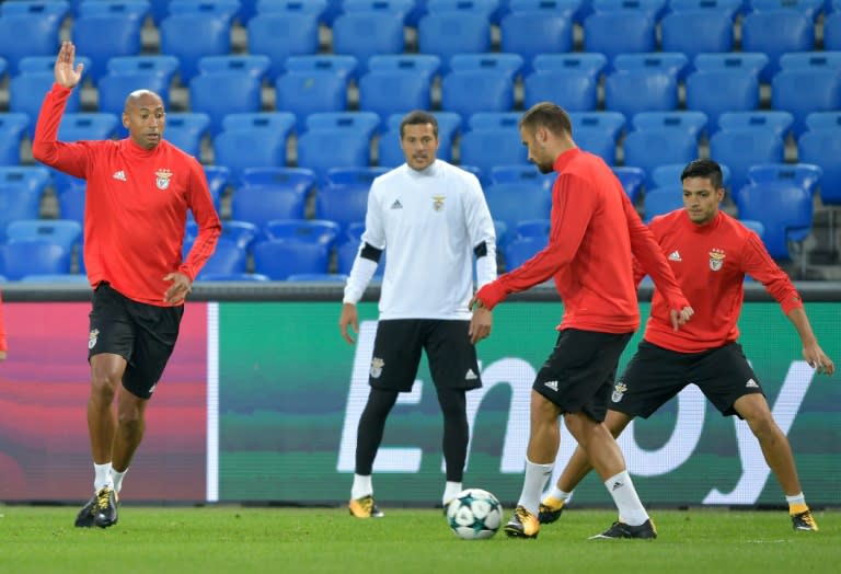 Benfica's players take part in a training on the eve of their UEFA Champions League Group A match against Basel, on September 26, 2017, at St. Jakob-Park stadium in Basel