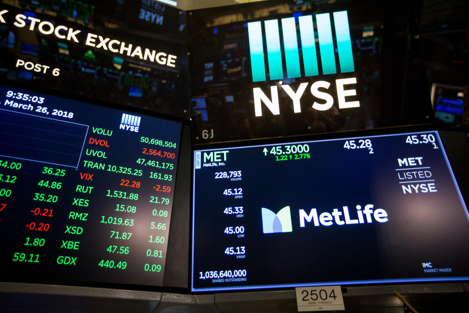 A monitor displays MetLife Inc. signage on the floor of the New York Stock Exchange (NYSE) in New York, U.S., on Monday, March 26, 2018. U.S. equities rallied back from the biggest weekly rout in more than two years, with major benchmarks climbing more than 1 percent on signs that an escalation of trade tensions was beginning to ease. Photographer: Michael Nagle/Bloomberg