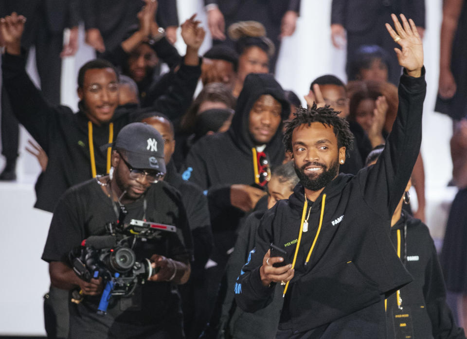 FILE - This Sept. 8, 2019 file photo shows designer Kerby Jean-Raymond at the Pyer Moss collection presentation during Fashion Week in New York. Jean-Raymond has called out Imran Amed, founder and editor in chief of the influential publication The Business of Fashion, for cultural appropriation, gaslighting and racism after a series of encounters culminating at a gala as Paris Fashion Week came to a close. (AP Photo/Kevin Hagen, File)