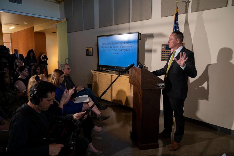 El Dorado County District Attorney Vern Pierson announces Ricky Leo Davis was exonerated in the 1985 cold case murder of Janet Hylton at the El Dorado County District Attorney’s office, Feb. 13, 2020, in Placerville. Davis’ girlfriend, now-deceased Connie Dahl, had her voluntary manslaughter charge vacated Friday in court.