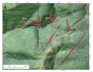 La Aparecida brownfield area, with observed veins and drill collars.