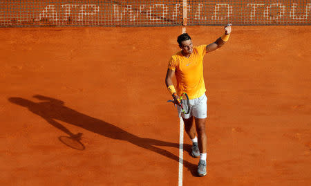 Tennis - ATP - Monte Carlo Masters - Monte-Carlo Country Club, Monte Carlo, Monaco - April 18, 2018 Spain's Rafael Nadal celebrates winning his second round match against Slovenia's Aljaz Bedene REUTERS/Eric Gaillard