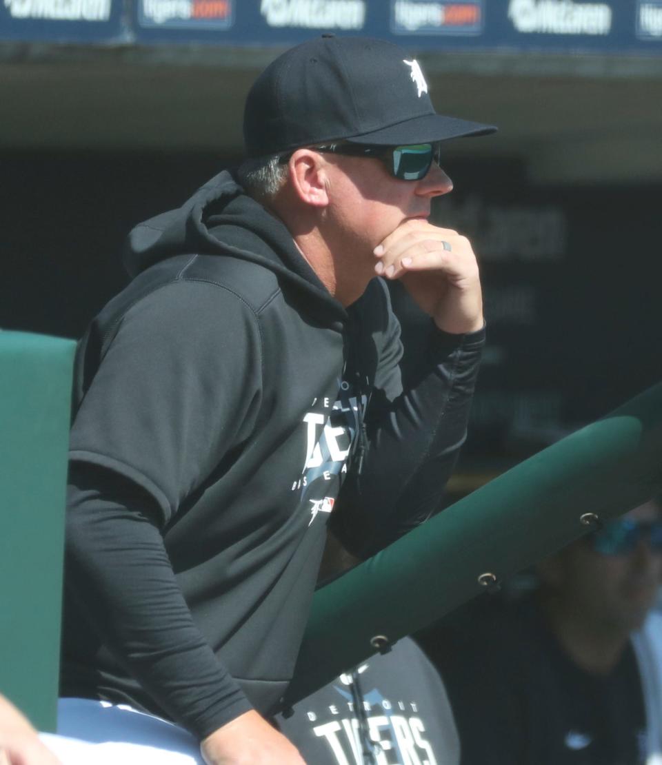 Detroit Tigers manager A.J. Hinch (14) watches the action against the Boston Red Sox at Comerica Park in Detroit on Sunday, April 9, 2023.